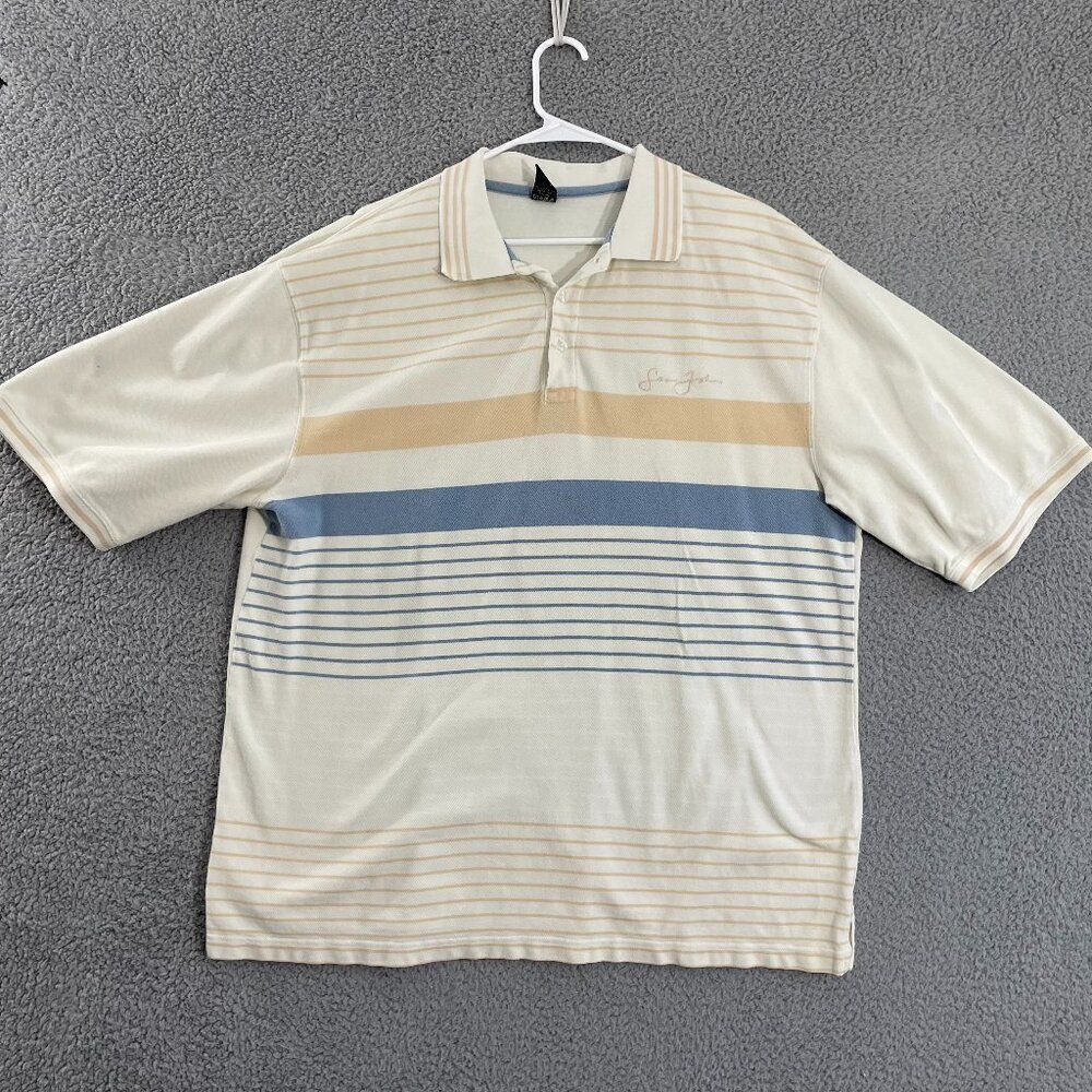 Sean‎ John Polo Men 2XL Cream Blue Striped Casual Y2K Short Sleeve Shirt